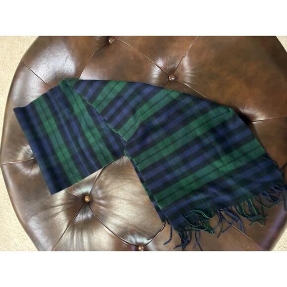 Softer than Cashmere Tassel Ends Plaid Check Solid Scarf Navy Green Plaid NWT - Picture 2 of 2